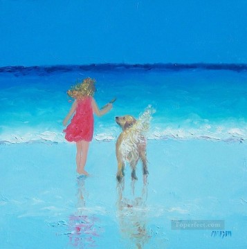 niña y perro junto a la playa impresionismo infantil Pinturas al óleo